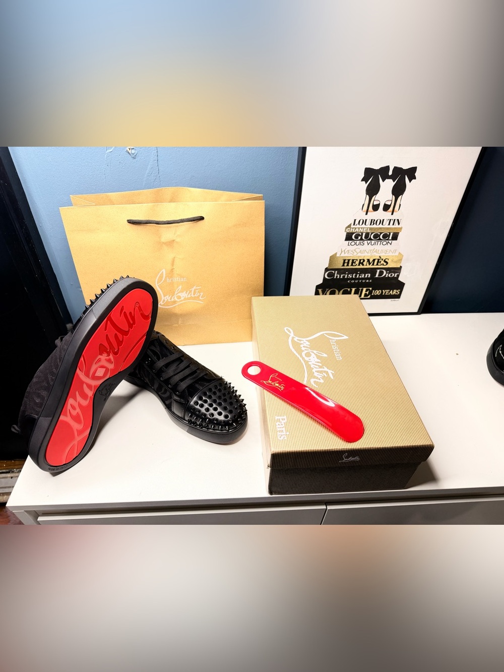Christian Louboutin Men’s Black Studded Leather Low-Top Sneakers with Red Sole